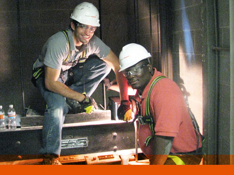 Project Director Mark Andrews, left, and Senior Engineer Eric Wheeler worked on damage assessment of an elevator shaft in Houston, following Hurricane Ike in 2008. Project Director Mark Andrews, left, and Senior Engineer Eric Wheeler worked on damage assessment of an elevator shaft in Houston, following Hurricane Ike in 2008.